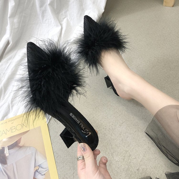 Damen elegante Mules mit glamourösem Flausche-Akzent R&B