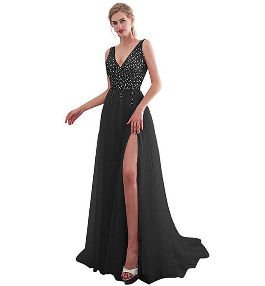 Damen Elegantes Abendkleid mit funkelnden Pailletten und tiefem Schlitz R&B