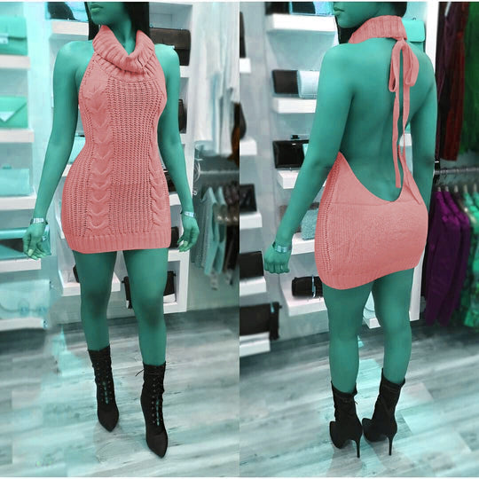 Damen Strickkleid mit tiefem Rollkragen und trendigem Rückenausschnitt R&B