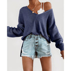 Damen lässiger Strickpullover mit tiefem V-Ausschnitt und lockerer Silhouette R&B