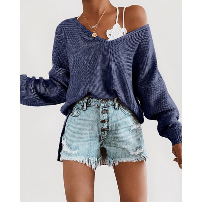 Damen lässiger Strickpullover mit tiefem V-Ausschnitt und lockerer Silhouette R&B