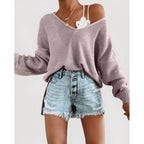 Damen lässiger Strickpullover mit tiefem V-Ausschnitt und lockerer Silhouette R&B