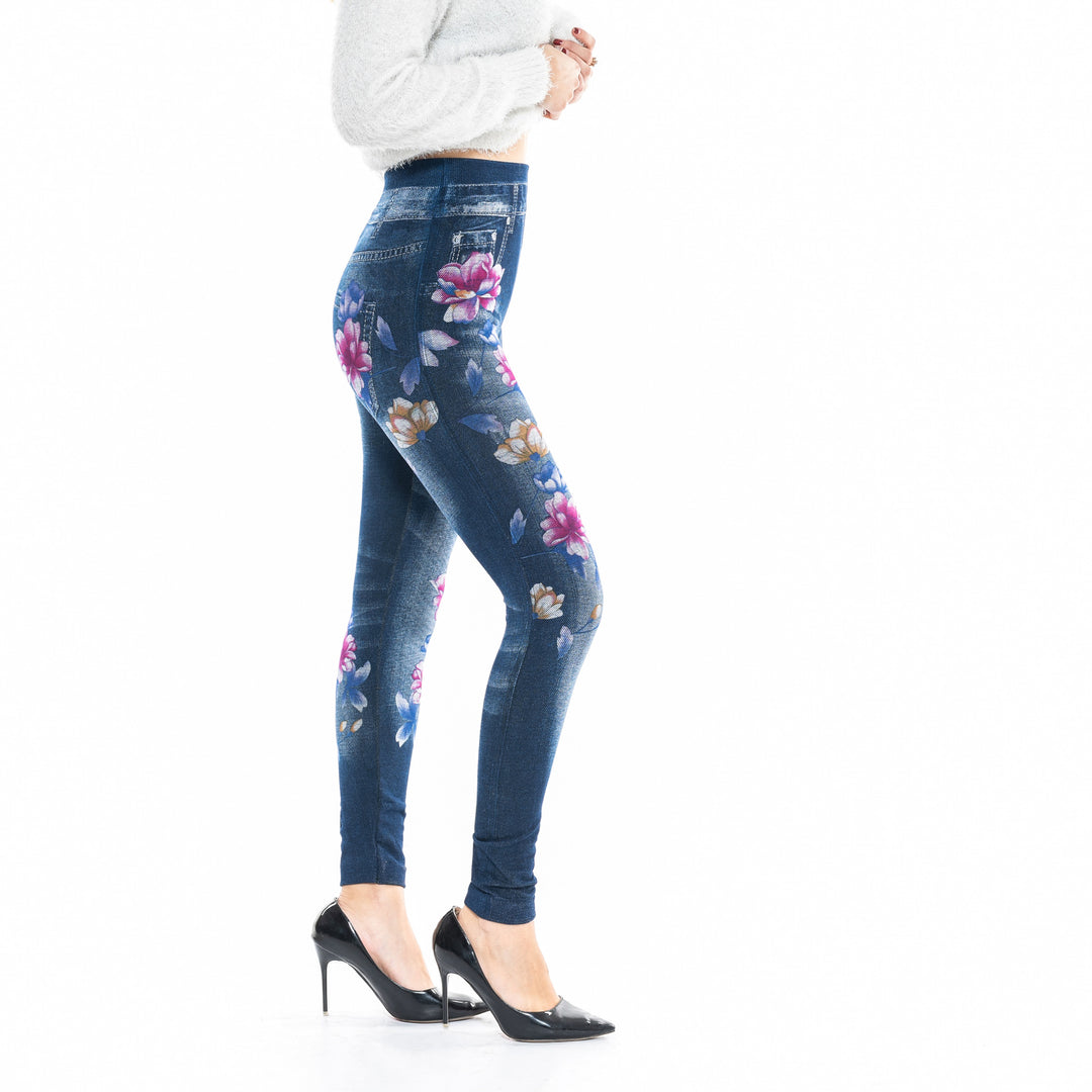 Damen High-Waist Jeansleggings mit floralen Applikationen R&B