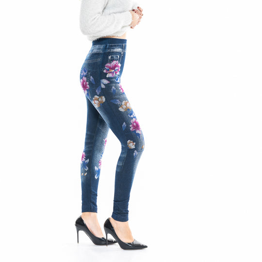 Damen High-Waist Jeansleggings mit floralen Applikationen R&B