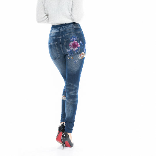 Damen High-Waist Jeansleggings mit floralen Applikationen R&B