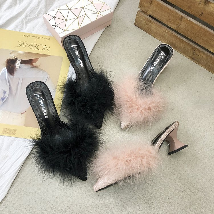 Damen elegante Mules mit glamourösem Flausche-Akzent R&B