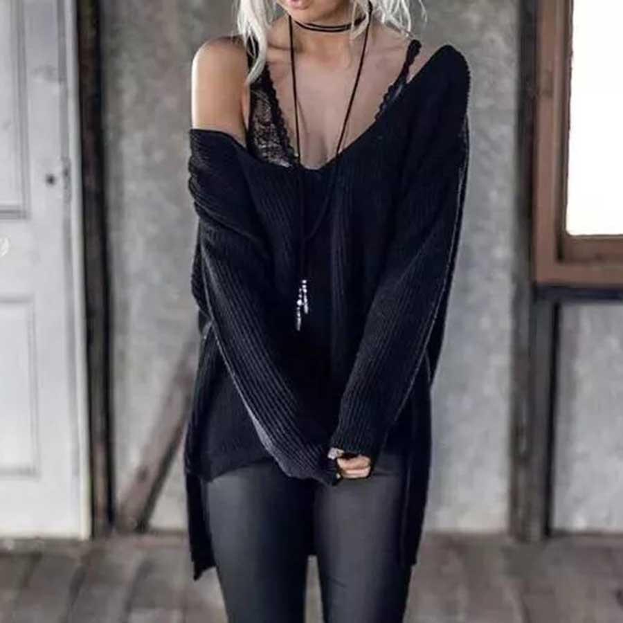 Damen Grobstrickpullover mit tiefem V-Ausschnitt und weiten Ärmeln R&B
