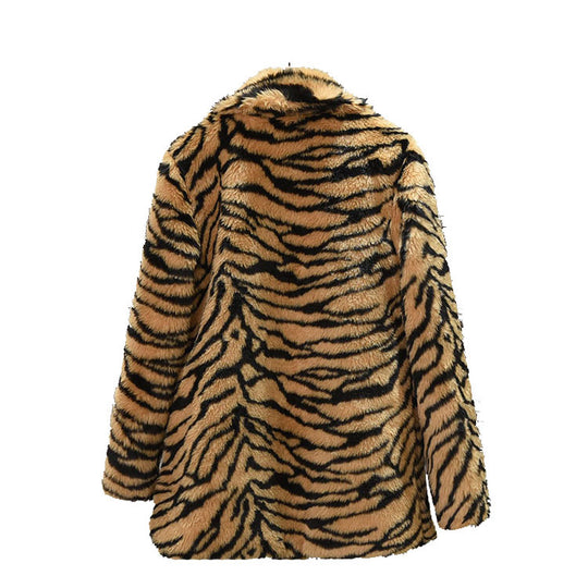 Damen Eleganter Kunstfellmantel im Tigerprint-Design R&B