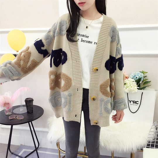Damen Strickjacke mit buntem grafischem Muster und großen Knöpfen R&B