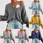 Damen lässiger Strickpullover mit tiefem V-Ausschnitt und lockerer Silhouette R&B