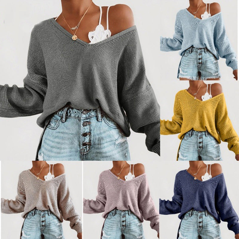 Damen lässiger Strickpullover mit tiefem V-Ausschnitt und lockerer Silhouette R&B