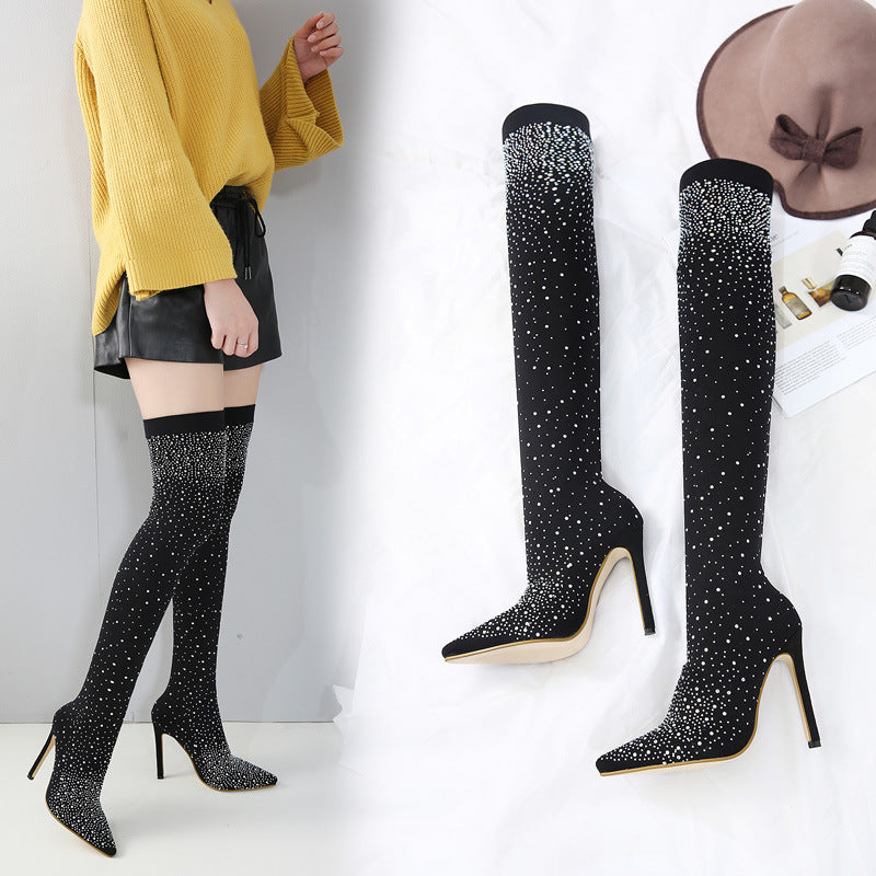 R&B | Strass Hohe Stiefel mit Absatz Bis Zum Oberschenkel