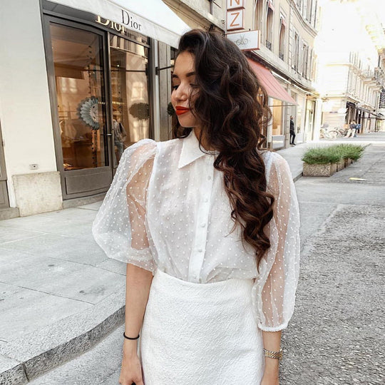 Damen Bluse mit Puffärmeln und Punktmuster R&B