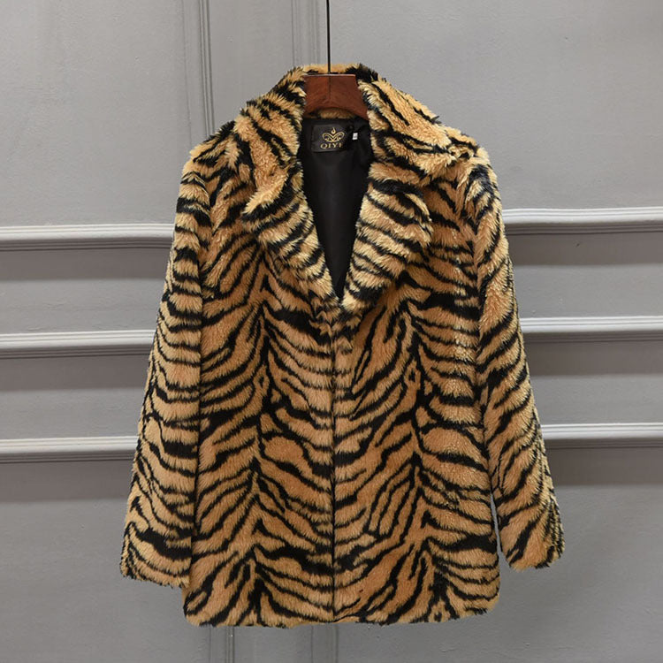 Damen Eleganter Kunstfellmantel im Tigerprint-Design R&B