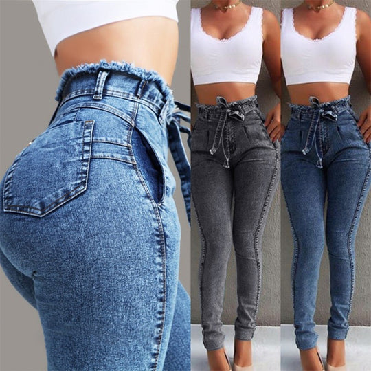 Damen figurschmeichelnde High-Waist Jeans mit praktischen Taschen und verstellbarem Kordelzug R&B