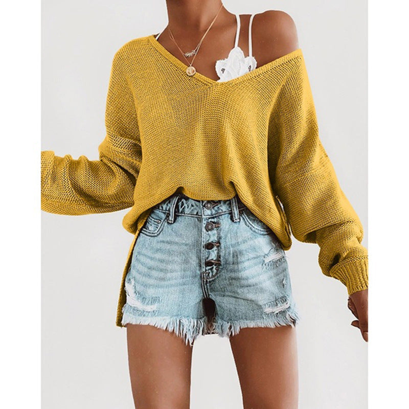 Damen lässiger Strickpullover mit tiefem V-Ausschnitt und lockerer Silhouette R&B