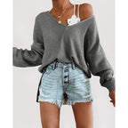 Damen lässiger Strickpullover mit tiefem V-Ausschnitt und lockerer Silhouette R&B