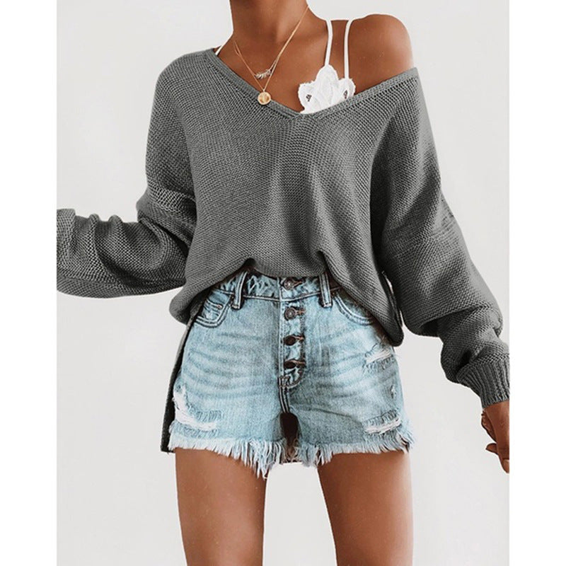 Damen lässiger Strickpullover mit tiefem V-Ausschnitt und lockerer Silhouette R&B
