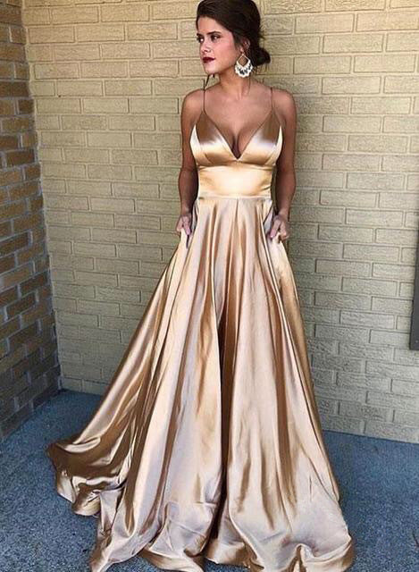 Damen A-Linien Abendkleid mit tiefem Ausschnitt und schmalen Trägern R&B