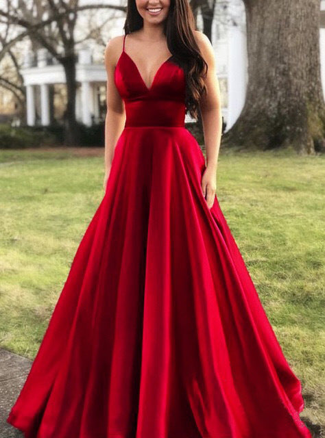 Damen A-Linien Abendkleid mit tiefem Ausschnitt und schmalen Trägern R&B