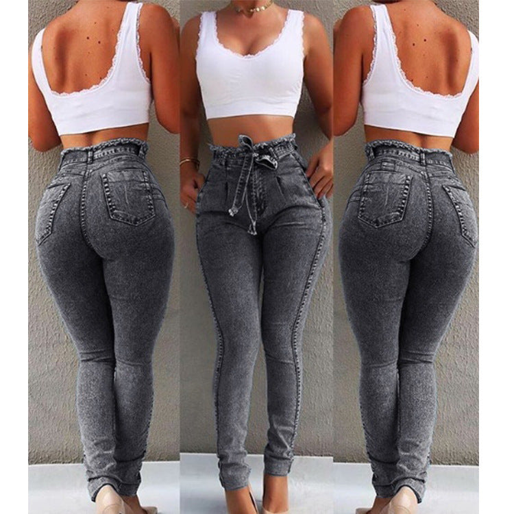 Damen figurschmeichelnde High-Waist Jeans mit praktischen Taschen und verstellbarem Kordelzug R&B