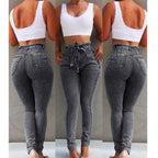 Damen figurschmeichelnde High-Waist Jeans mit praktischen Taschen und verstellbarem Kordelzug R&B