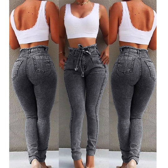 Damen figurschmeichelnde High-Waist Jeans mit praktischen Taschen und verstellbarem Kordelzug R&B