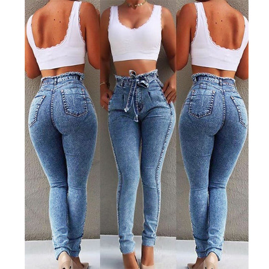 Damen figurschmeichelnde High-Waist Jeans mit praktischen Taschen und verstellbarem Kordelzug R&B