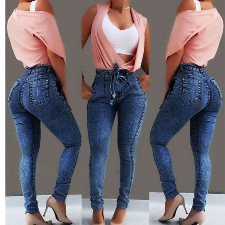 Damen figurschmeichelnde High-Waist Jeans mit praktischen Taschen und verstellbarem Kordelzug R&B
