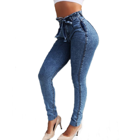 Damen figurschmeichelnde High-Waist Jeans mit praktischen Taschen und verstellbarem Kordelzug R&B