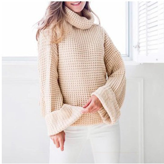 Damen Grobstrickpullover mit voluminösen Ärmeln und hohem Kragen R&B