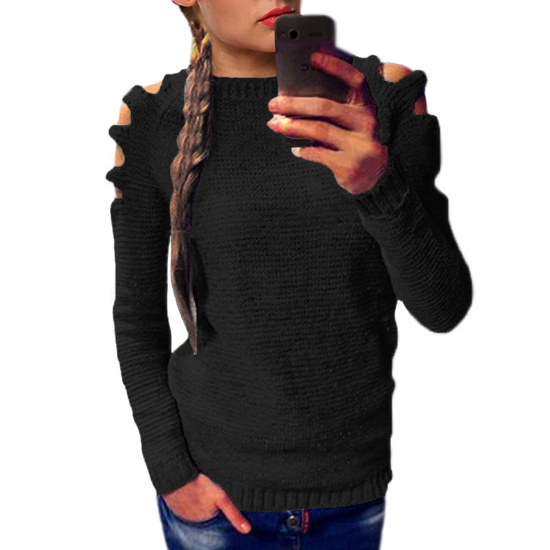 Damen modischer Strickpullover mit offenen Schultern und raffinierten Details R&B