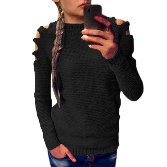 Damen modischer Strickpullover mit offenen Schultern und raffinierten Details R&B