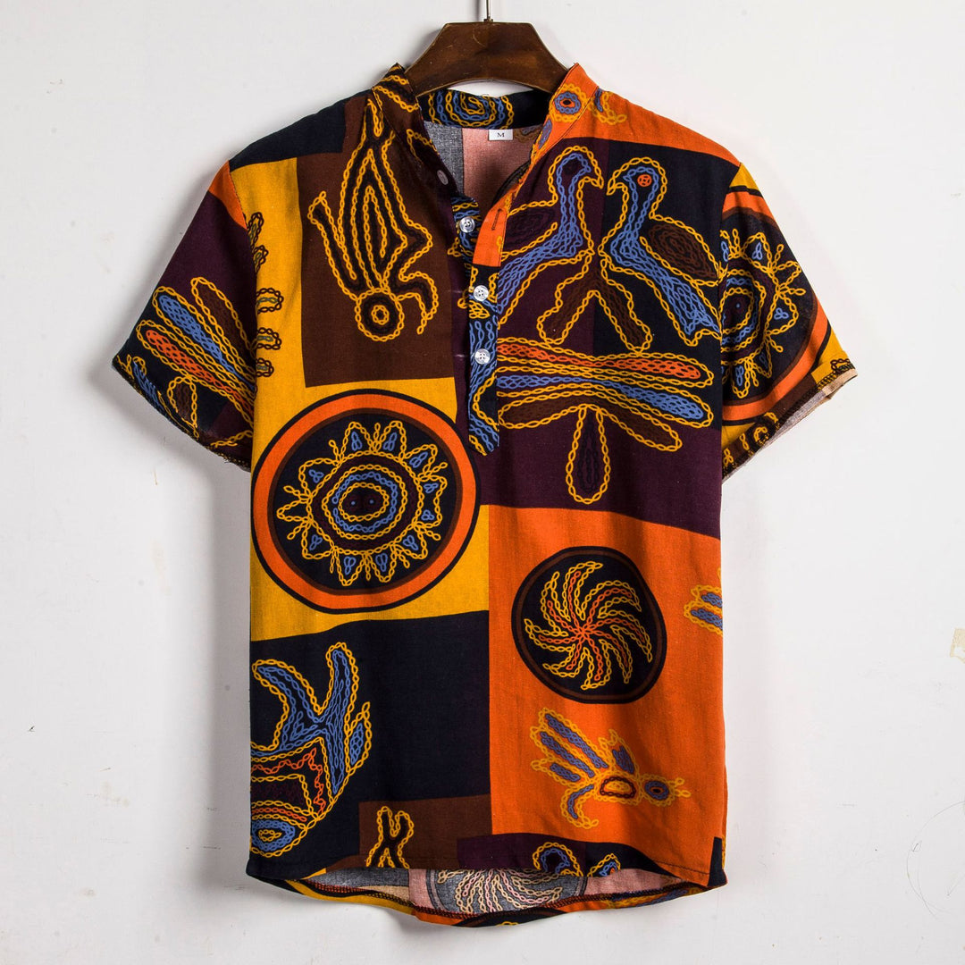 Herren Kurzarmhemd mit afric-inspired Mustern und lässigem Henley-Ausschnitt R&B