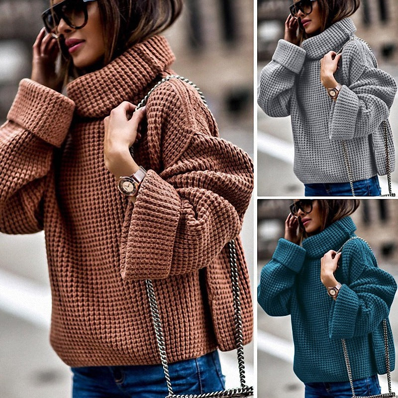 Damen Oversized Strickpullover mit hohem Kragen und strukturiertem Design