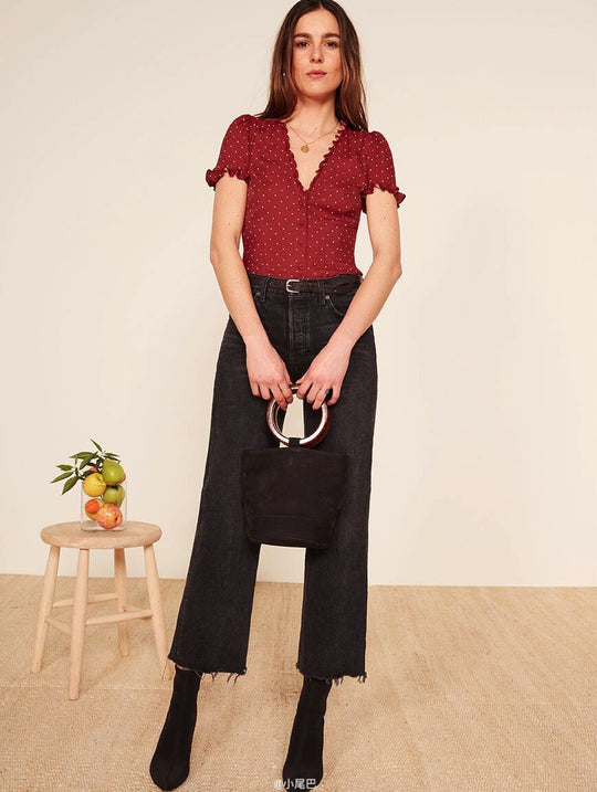 Damen Bluse mit Rüschenkragen und schmeichelhaftem Polka-Dots Design R&B