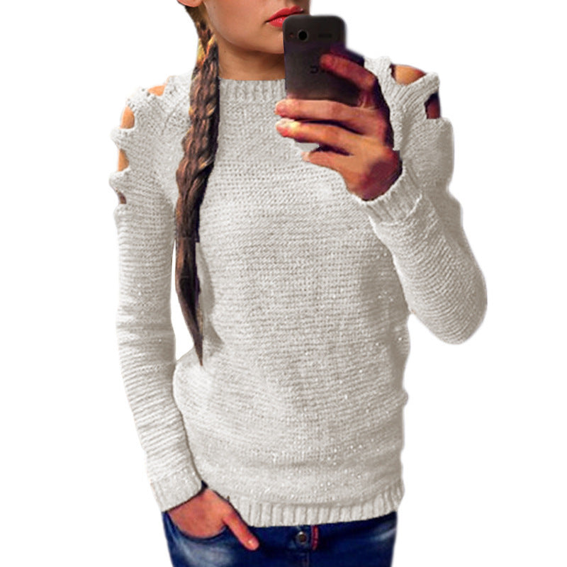 Damen modischer Strickpullover mit offenen Schultern und raffinierten Details R&B