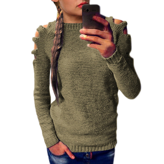 Damen modischer Strickpullover mit offenen Schultern und raffinierten Details R&B