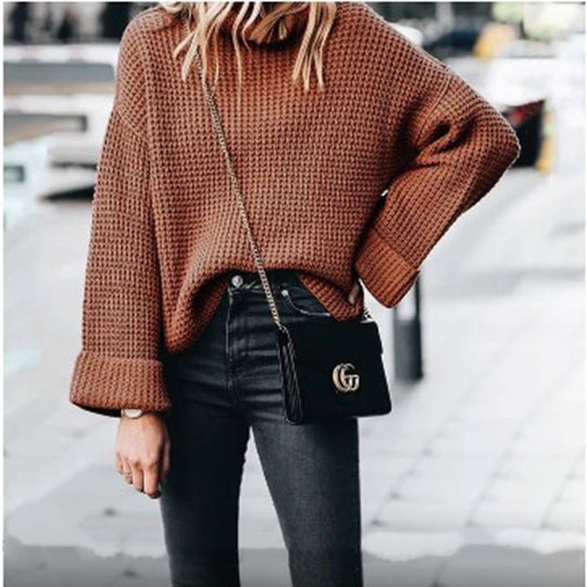 Damen Grobstrick Pullover mit hohem Kragen und weitem Schnitt R&B