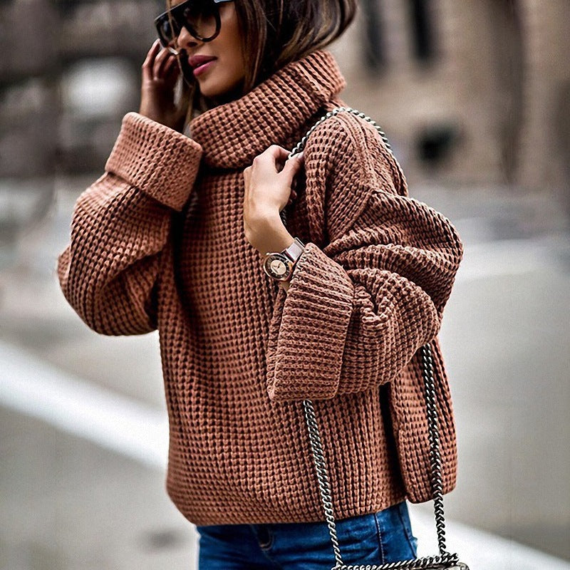 Damen Grobstrickpullover mit voluminösen Ärmeln und hohem Kragen