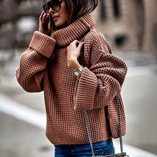 Damen Grobstrickpullover mit voluminösen Ärmeln und hohem Kragen R&B
