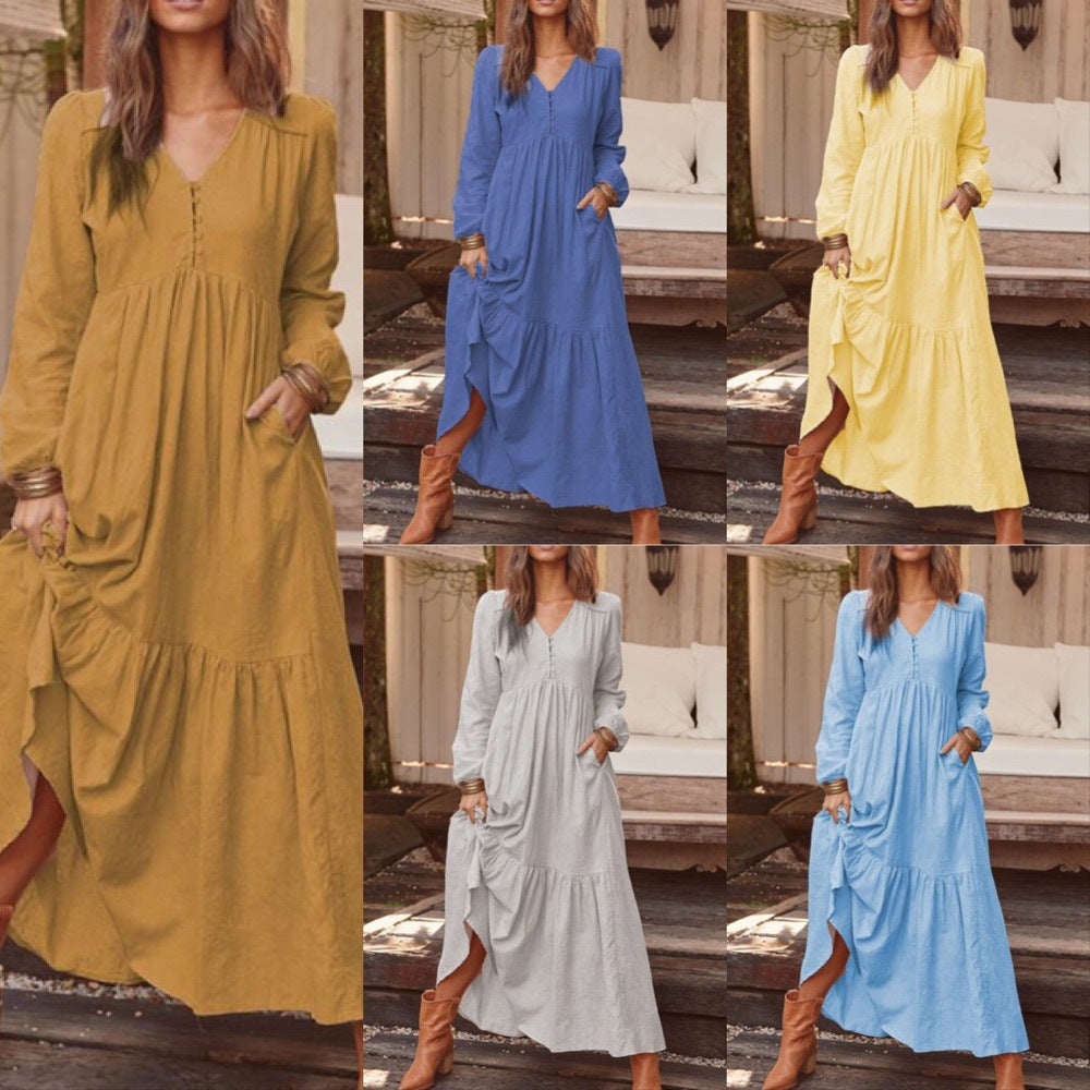 Damen nan luftiges Maxikleid mit V-Ausschnitt, langen Ärmeln und seitlichen Taschen R&B