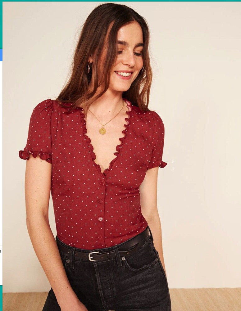 Damen Bluse mit Rüschenkragen und schmeichelhaftem Polka-Dots Design R&B