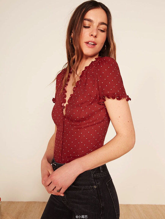 Damen Bluse mit Rüschenkragen und schmeichelhaftem Polka-Dots Design R&B