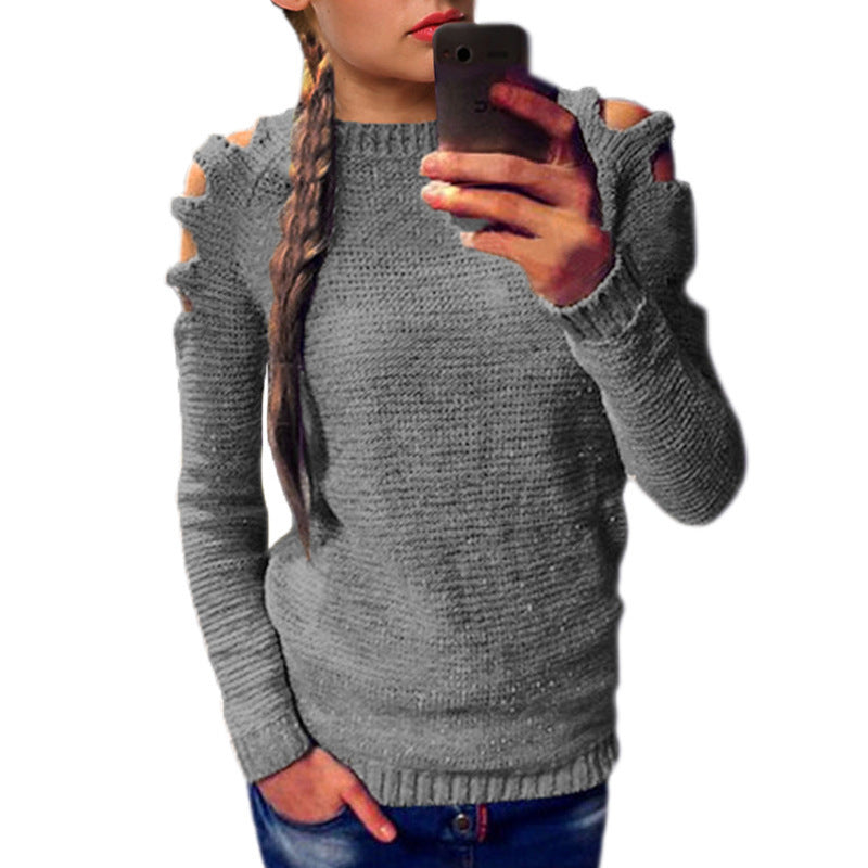Damen modischer Strickpullover mit offenen Schultern und raffinierten Details