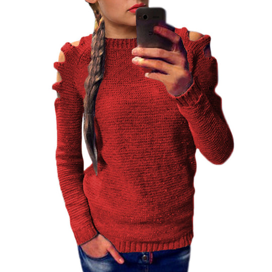 Damen modischer Strickpullover mit offenen Schultern und raffinierten Details R&B