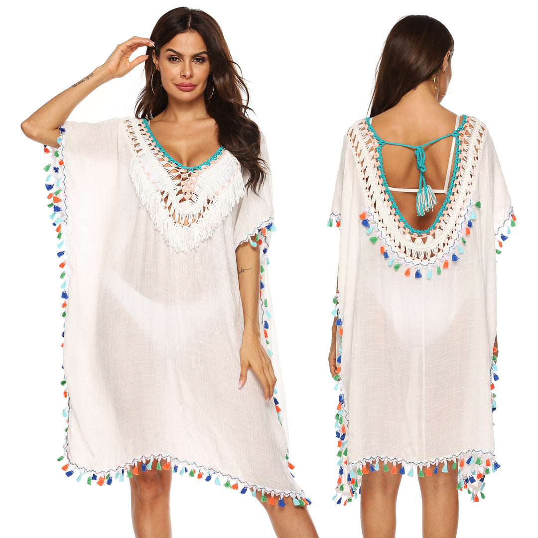 Damen Strandkaftan mit buntem Quastenrand R&B