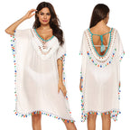 Damen Strandkaftan mit buntem Quastenrand R&B