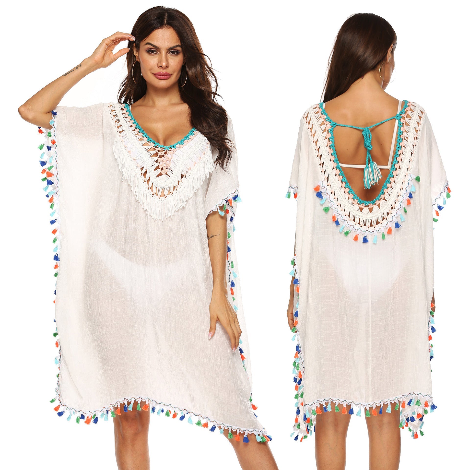 Damen Strandkaftan mit buntem Quastenrand R&B