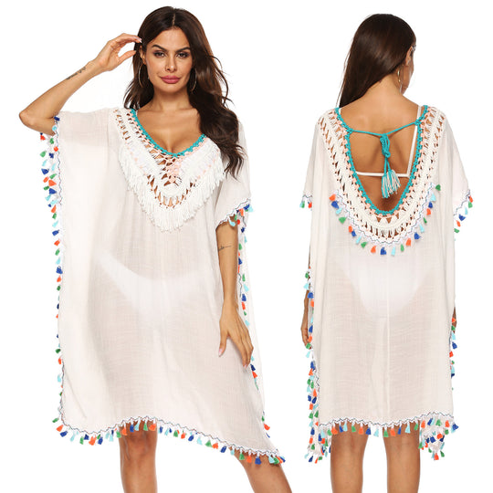 Damen Strandkaftan mit buntem Quastenrand R&B